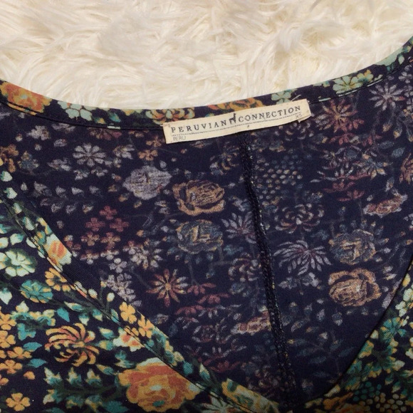 Peruvian Connection Tunic Indigo Rose Pima Bottom Millefiori Botanic Floral XS S - Picture 2 of 8